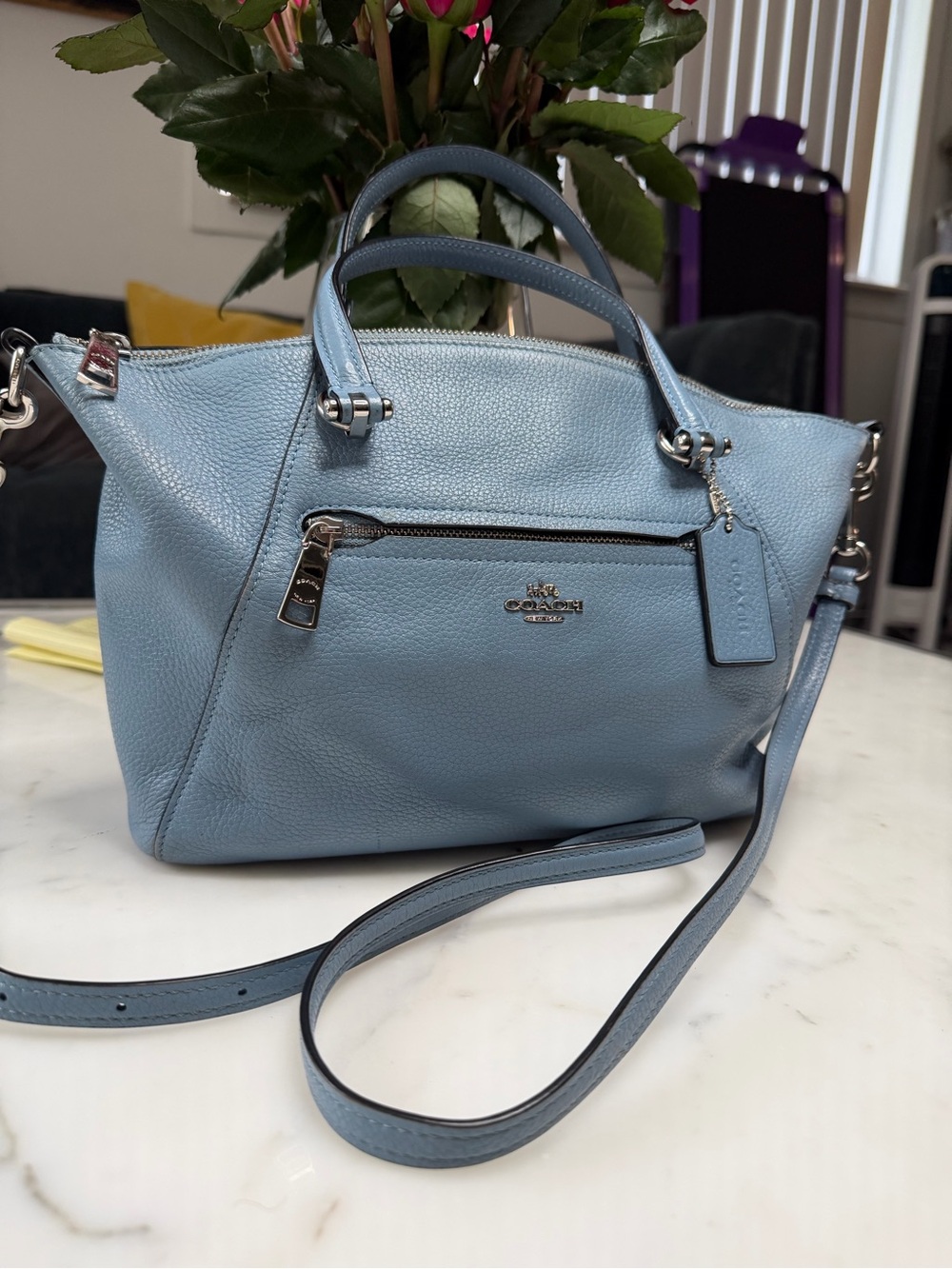 Coach Light Blue Pebbled Leather Crossbody Satchel
